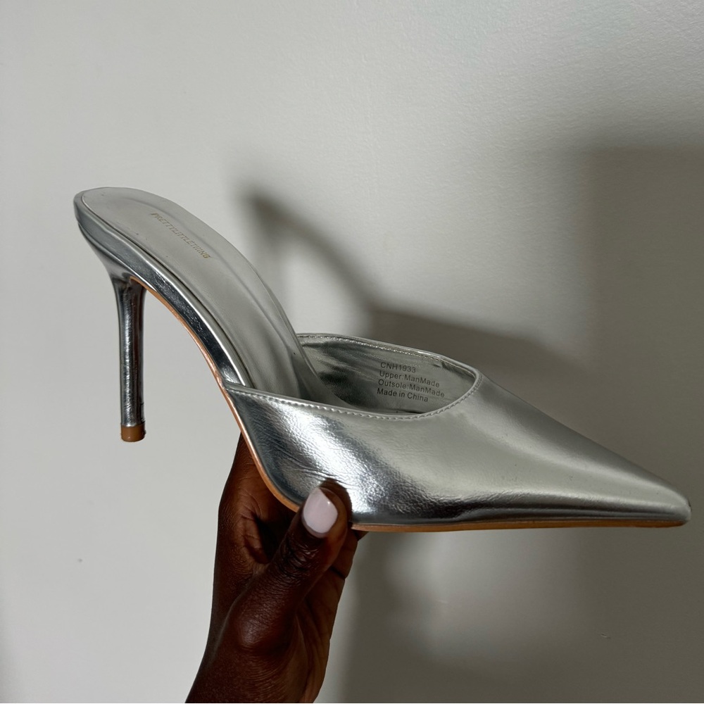 Silver Metallic PU Point Toe High Heeled Court Mules